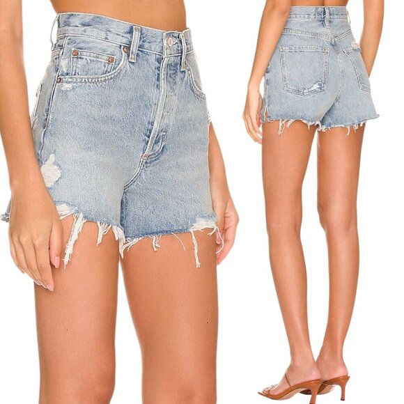 Agolde - Women’s ‘Dee’ Distressed Jean Shorts, Frayed, Light Wash - Blue Size 26 - Picture 1 of 14
